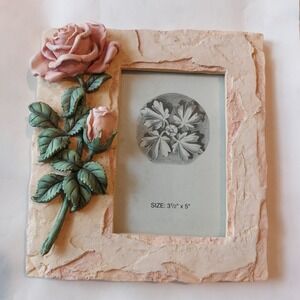 Vintage Pink Rose 3D Relief Resin Picture Frame 3.5x5 Cream Floral Shabby Chic
